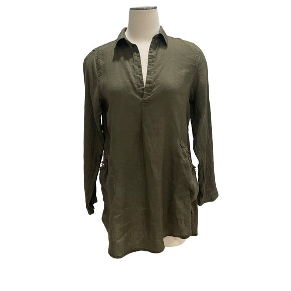 Olive Green Long-Sleeve Tunic Boho Pocket Trim V-Neck Lightweight Comfy Sz S - Picture 5 of 11
